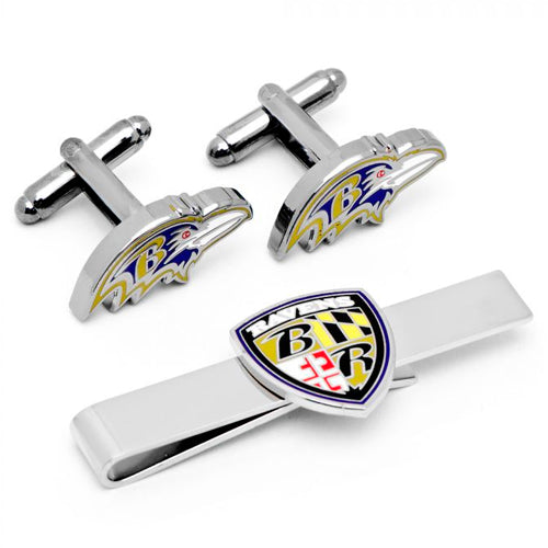 Baltimore Ravens Head Cufflinks and Shield Tie Bar Gift Set