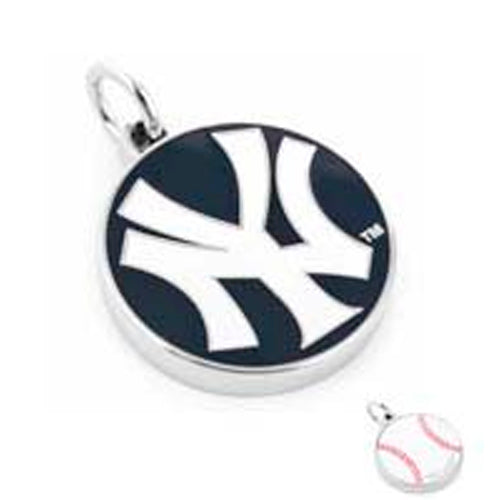 The New York Yankees Double Sided Pendant features the iconic logo on a dark background, paired with a small baseball charm. This MLB pendant includes an 18" chain for a stylish look.