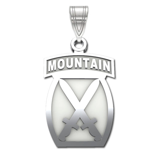 The 10th Mountain Division Sterling Silver Pendant: This pendant prominently displays the word "MOUNTAIN" at the top, complemented by two crossed swords beneath it.