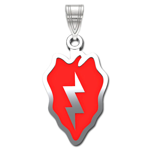 25th Infantry Division Sterling Silver Pendant with enamel: This pendant features a leaf-shaped design in sterling silver, coated with red enamel on the front. At its center, a silver lightning bolt stands out against a red backdrop.