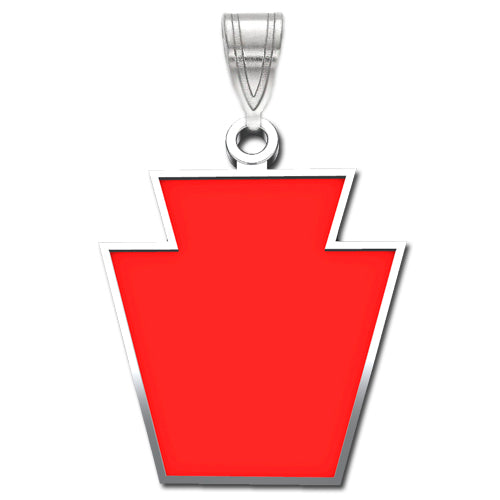 The 28th Infantry Division Sterling Silver Pendant with enamel is shaped like a keystone, featuring a bright red center and a silver outline. 