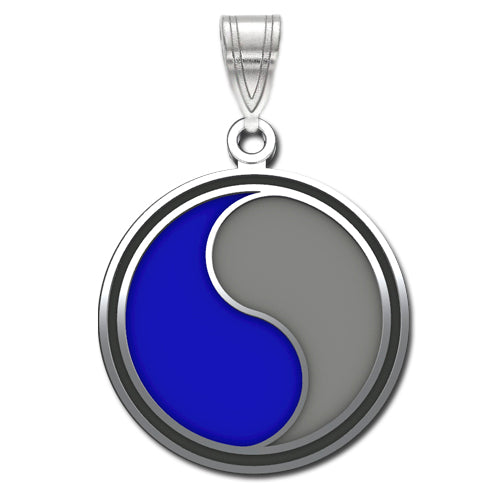 A round sterling silver pendant features the 29th Infantry Division design, with one half in blue and the other in gray.