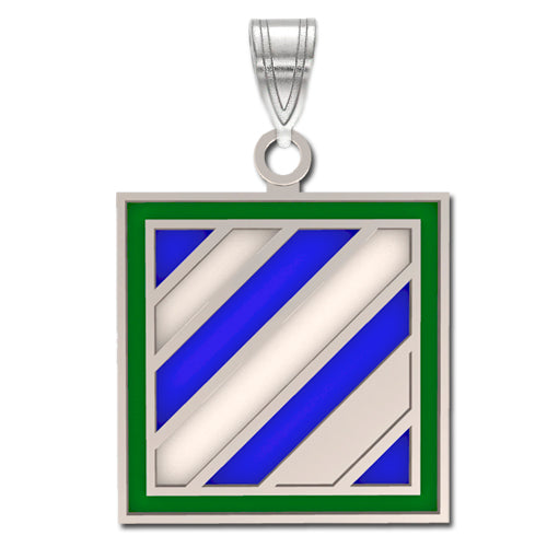 The 3rd Infantry Division Sterling Silver Pendant with enamel boasts a striking blue and green design. This square pendant showcases diagonal blue stripes interwoven with silver lines.