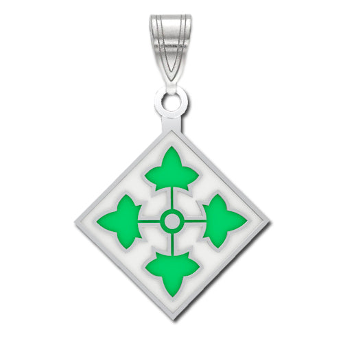 The 4th Infantry Division Sterling Silver Pendant with enamel is in a diamond-shaped design featuring four green fleur-de-lis elements arranged around a central circular hub.