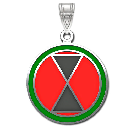 The 7th Infantry Division Sterling Silver Pendant with enamel: This circular pendant shows a red background adorned with a silver hourglass shape at its center. The outer edge features a green color bordered by sterling silver.