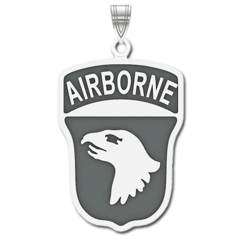 The 101st Airborne Sterling Silver Pendant with enamel features the U.S. Army Airborne insignia. A white bald eagle head is in the center with "AIRBORNE" prominently displayed at the top. 