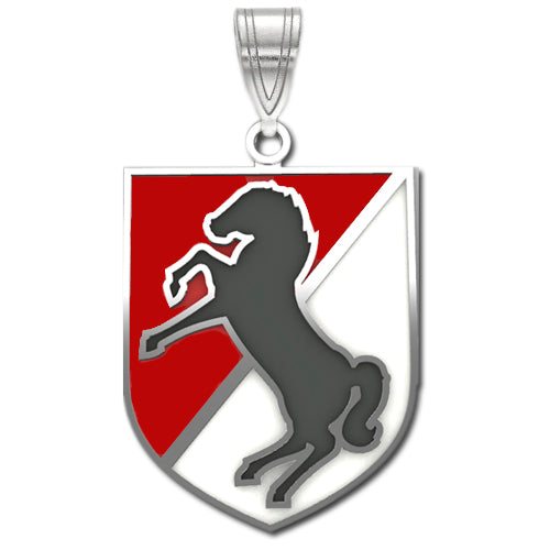 The 11th Armored Cavalry Regiment Sterling Silver Pendant with enamel, features a shield-shaped pendant with a rearing horse. The shield is diagonally divided, showcasing a red top left and white bottom right background, with the horse design in dark gray and silver outlines.