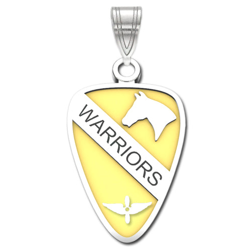 The 1st Air Cavalry Brigade Sterling Silver Pendant with enamel features a yellow background with a diagonal white stripe across the center, with the word "WARRIORS." Positioned above this stripe is a silhouette of a horse head.