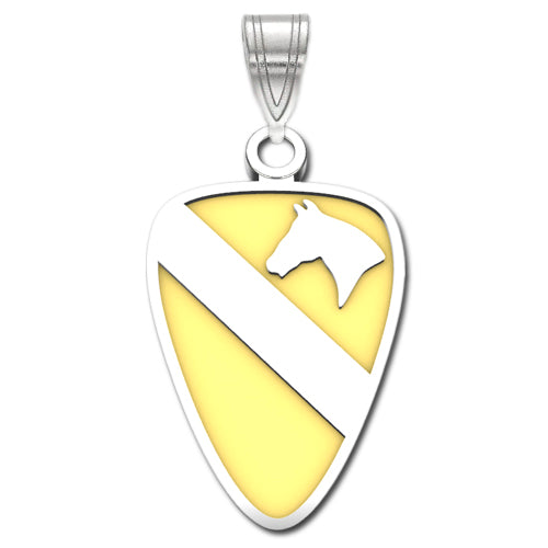 The 1st Cavalry Division Sterling Silver Pendant with enamel showcases a shield-shaped design with a  yellow background. It features a white diagonal stripe and includes a white horse head silhouette above the stripe.