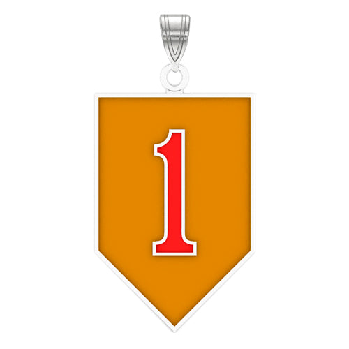 The 1st Infantry Division Sterling Silver Pendant with enamel features an orange shield-like background and a bold red number "1" outlined in white at the center.