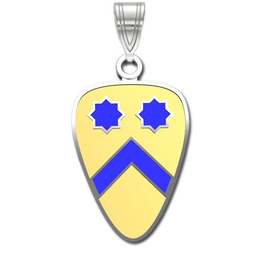 The 2nd Cavalry Division Sterling Silver Pendant with enamel showcases a shield-shaped design. The pendant features a yellow background with two blue six-pointed stars at the top and a blue chevron below.