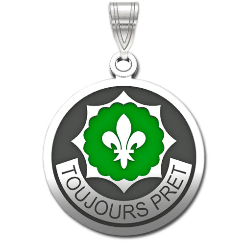 The 2nd Cavalry Regiment Sterling Silver Pendant with enamel is a round pendant featuring a green and white fleur-de-lis emblem at the center, set against a black background. The text "TOUJOURS PRÊT" curves along the bottom edge.