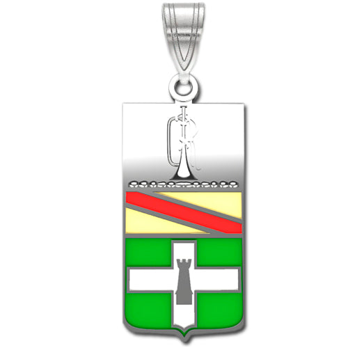 The 3rd Cavalry Regiment Sterling Silver Pendant with enamel is a rectangular pendant with a trumpet at the top, a red diagonal stripe on a yellow background in the middle, and a green section with a white cross at the bottom.