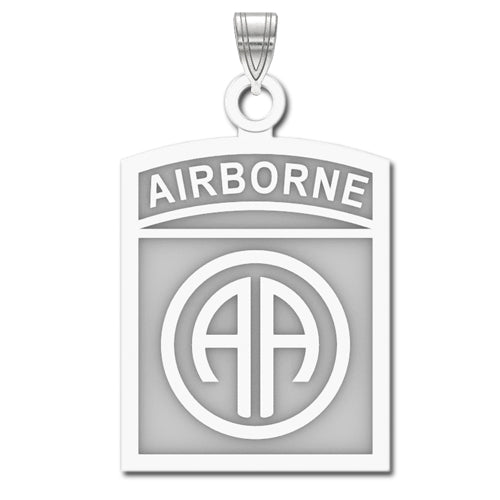 The 82nd Airborne Division Sterling Silver Pendant is a rectangular design prominently featuring "AIRBORNE" at the top, with a central circle showcasing overlapping "AA" letters.