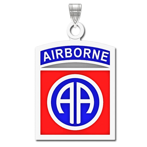 The 82nd Airborne Division Sterling Silver Pendant with enamel includes a blue double "A" encircled in white on a red background, and above the circle, a white banner with a blue background that bears the word "AIRBORNE" in white letters.