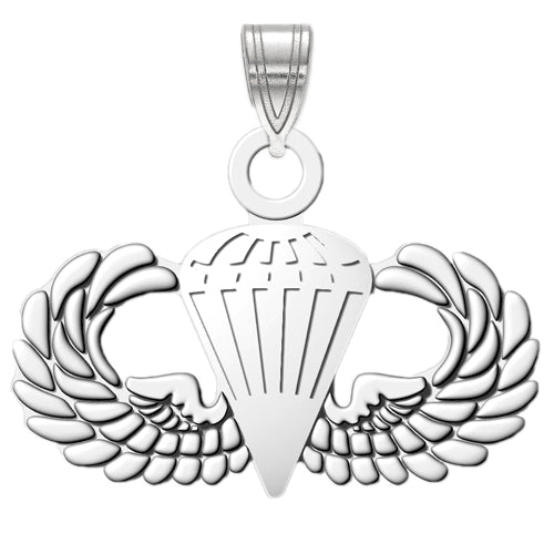 This sterling silver BASIC PARACHUTE Pendant features a parachute centered between two outspread wings. The detailed design includes lines on the parachute to represent panels and intricate feather textures on the wings.