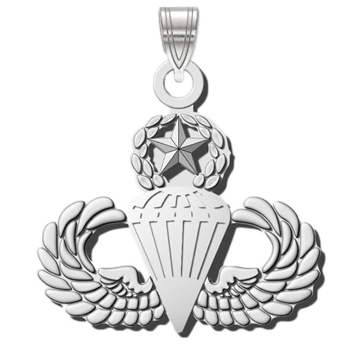 The MASTER PARACHUTE Sterling Silver Pendant features a parachute symbol with outspread wings on both sides. Above the parachute, is a star within a laurel wreath, signifying the rank of Master Parachutist.