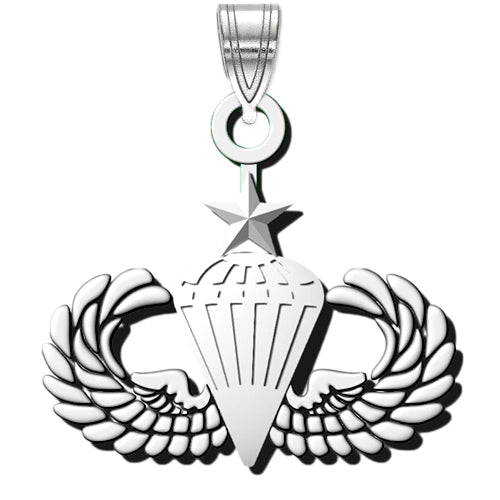 The SENIOR PARACHUTE Sterling Silver Pendant features a parachute at its center, flanked by wings. One star is situated above the parachute, and a circular loop at the top allows for easy attachment.