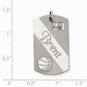 Sterling Silver Personalizable Basketball Dogtag Charm. The pendant is shown on a ruled background.