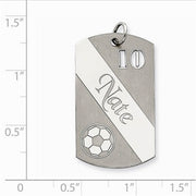 Sterling Silver Personalizable Soccer Ball Dogtag Charm. The pendant is shown on a ruled background.