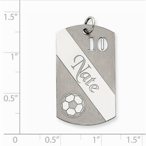 Sterling Silver Personalizable Soccer Ball Dogtag Charm. The pendant is shown on a ruled background.