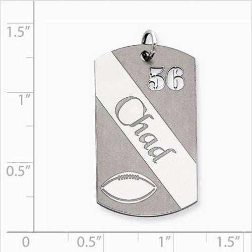 Sterling Silver Personalizable Football Dogtag Charm. The pendant is shown on a ruled background.