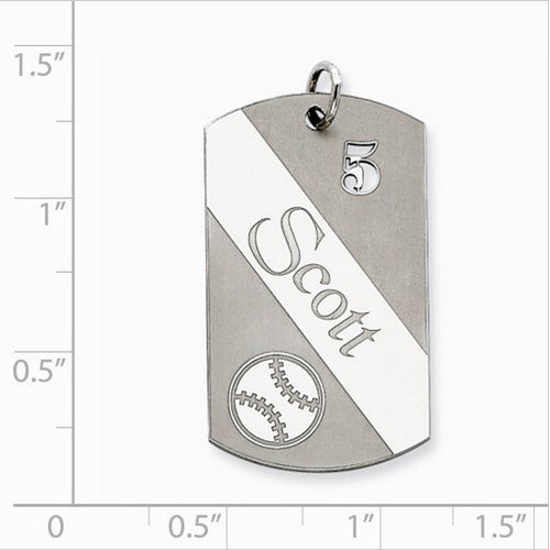 Sterling Silver Personalizable Baseball Dogtag Charm. The pendant is shown on a ruled background.