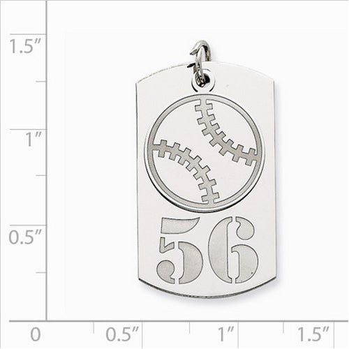 Sterling Silver Personalizable 2-piece Baseball Dogtag Charm. The pendant is shown on a ruled background.