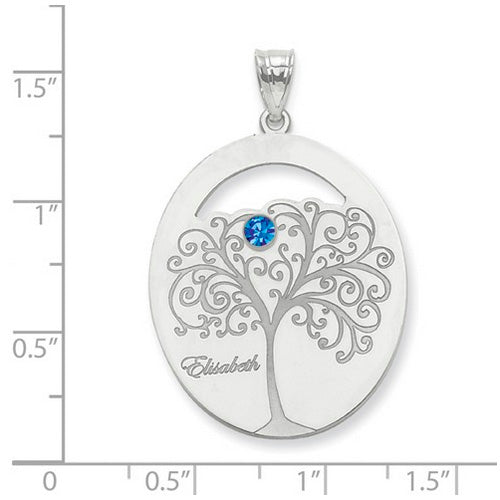Family Tree Oval Silver Pendant With 1 Birthstone. The pendant is shown on a ruled background.