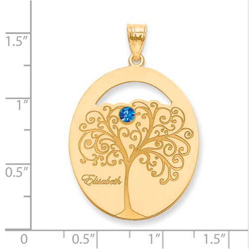 Family Tree Oval Gold Pendant With 1 Birthstone. The pendant is shown on a ruled background.