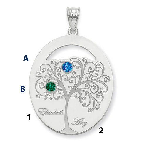 Family Tree Oval Silver Pendant With 2 Birthstones. 