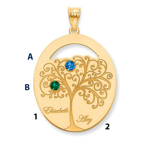 Family Tree Oval Gold Pendant With 2 Birthstones. 