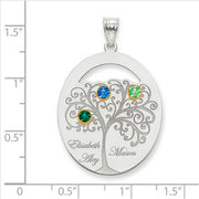 Family Tree Oval Silver Pendant With 3 Birthstones. The pendant is shown on a ruled background.The pendant is shown on a ruled background.