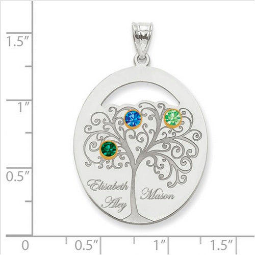 Family Tree Oval Silver Pendant With 3 Birthstones. The pendant is shown on a ruled background.The pendant is shown on a ruled background.