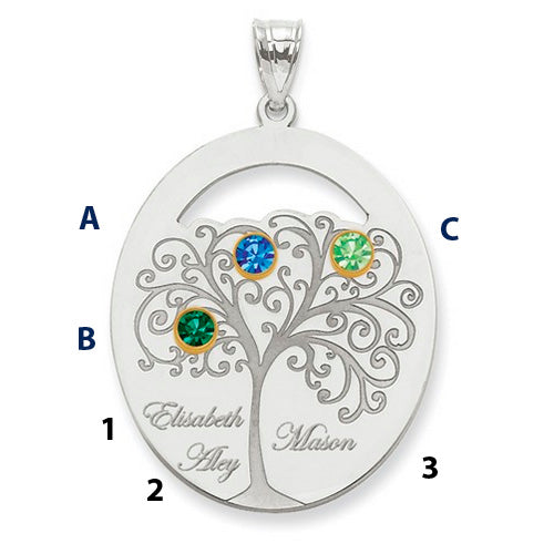 Family Tree Oval Silver Pendant With 3 Birthstones. The pendant is shown on a ruled background.