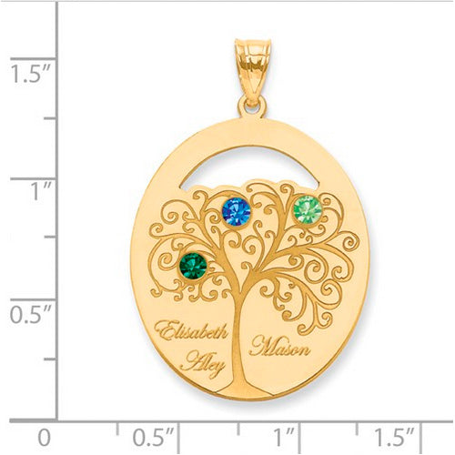 Family Tree Oval Gold Pendant With 3 Birthstones. The pendant is shown on a ruled background. The pendant is shown on a ruled background.