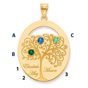 Family Tree Oval Gold Pendant With 3 Birthstones. The pendant is shown on a ruled background.