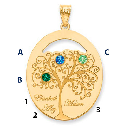 Family Tree Oval Gold Pendant With 3 Birthstones. The pendant is shown on a ruled background.