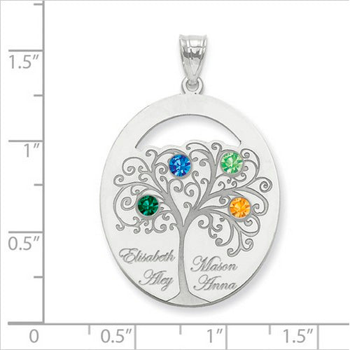 An Oval Silver Pendant With 4 Birthstones, featuring a detailed tree design with four colorful gems. Each branch holds a birthstone and a name. The pendant is shown on a ruled background.