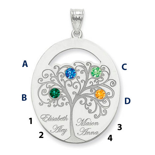 An Oval Silver Pendant With 4 Birthstones, featuring a detailed tree design with four colorful gems. Each branch holds a birthstone and a name.