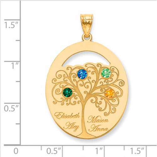 An Oval Gold Pendant With 4 Birthstones, featuring a detailed tree design with four colorful gems. Each branch holds a birthstone and a name. The pendant is shown on a ruled background.