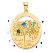 An Oval Gold Pendant With 4 Birthstones, featuring a detailed tree design with four colorful gems. Each branch holds a birthstone and a name.