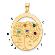 An Oval Gold Pendant With 5 Birthstones, featuring a detailed tree design with four colorful gems. Each branch holds a birthstone and a name.