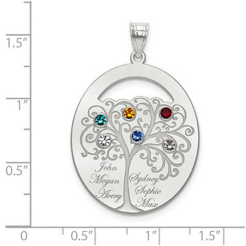 An Oval Silver Pendant With 6 Birthstones, featuring a detailed tree design with four colorful gems. Each branch holds a birthstone and a name. The pendant is shown on a ruled background.