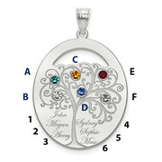 An Oval Silver Pendant With 6 Birthstones, featuring a detailed tree design with four colorful gems. Each branch holds a birthstone and a name.