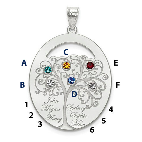An Oval Silver Pendant With 6 Birthstones, featuring a detailed tree design with four colorful gems. Each branch holds a birthstone and a name.