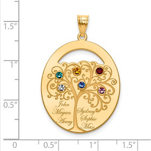 An Oval Gold Pendant With 6 Birthstones, featuring a detailed tree design with four colorful gems. Each branch holds a birthstone and a name. The pendant is shown on a ruled background.