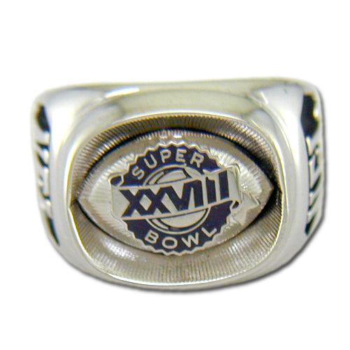 The Dallas Cowboys Super Bowl XXVIII Silvertone Ring showcases a football design with "SUPER BOWL XXVIII" engraved at the center, making it a perfect collectible for fans.