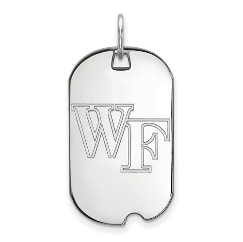 The 10k White Gold LogoArt Wake Forest University W-F Small Dog Tag Pendant is engraved with "WF" at its center, ideal for displaying your Wake Forest University pride. It has a small round loop at the top, ready to be attached to your favorite chain.