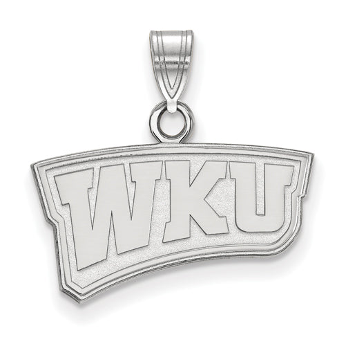 A beautiful 10k white gold Western Kentucky University small pendant showcases the bold, stylized "WKU" letters. This elegantly curved design features a polished finish and a loop at the top for easy chain attachment.